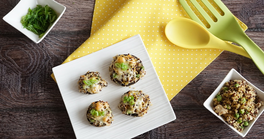 Gebackene Pilzköpfe gefüllt mit Quinoa und Hühnchen