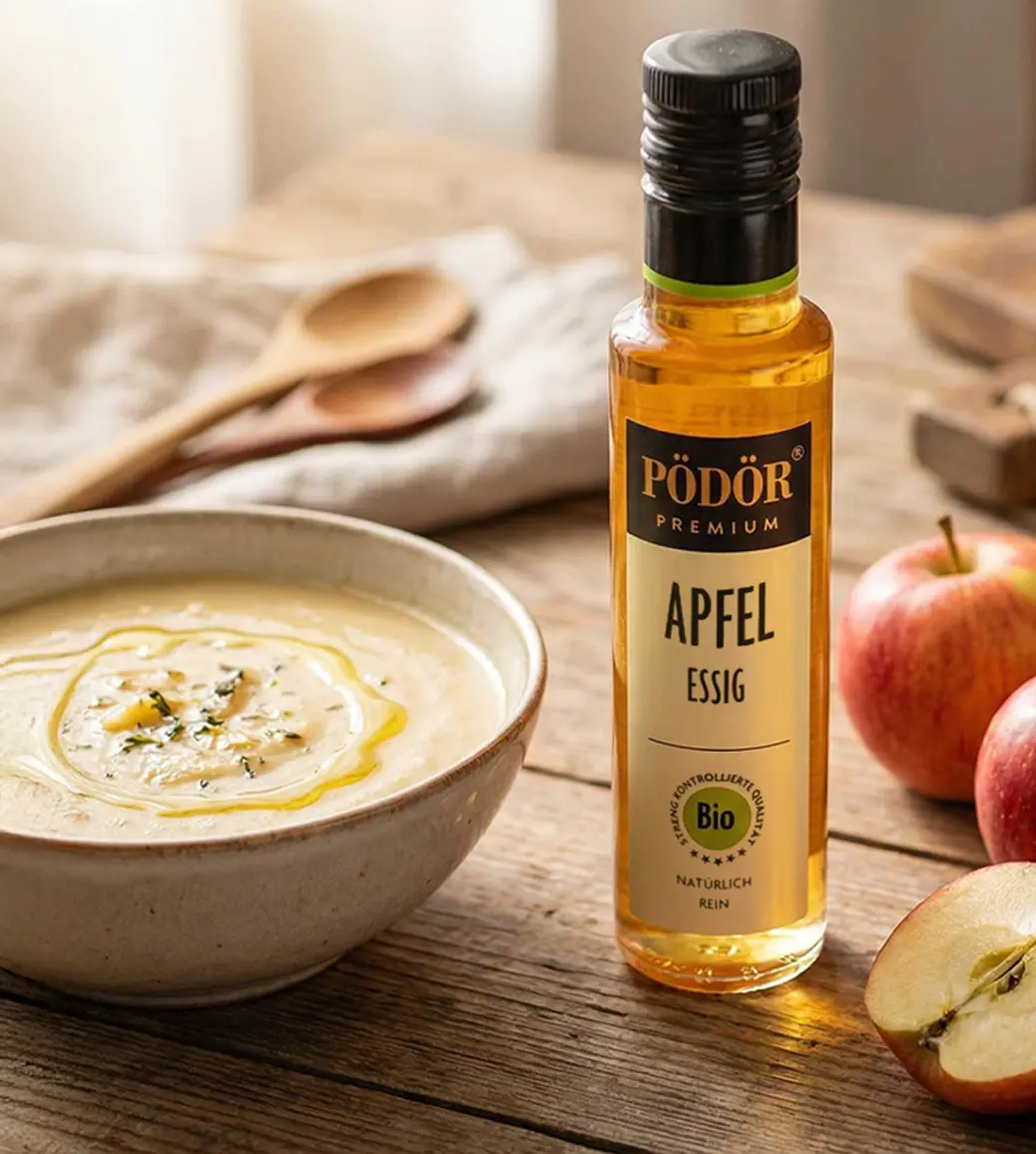 Flasche Pödör Apfel Essig neben frischen Äpfeln.