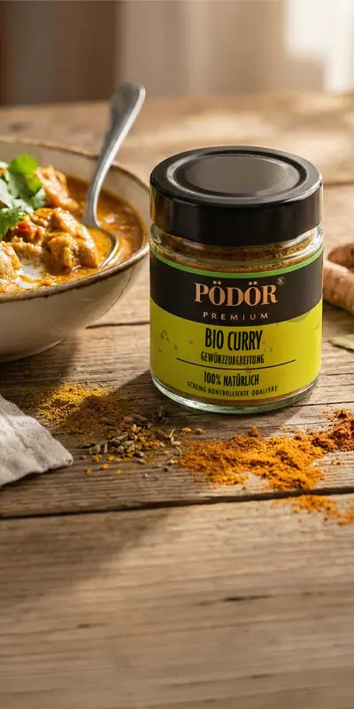 Pödör Bio Curry Gewürzzubereitung im Glas neben einem Currygericht.